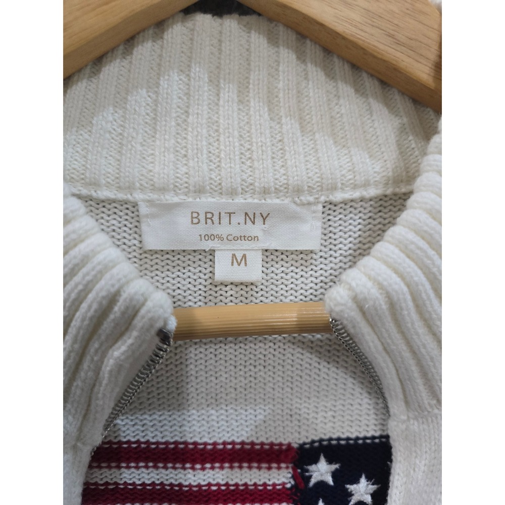 Patriotic White Cotton Full Zip American Flag Mock Neck Sweater Cardigan Medium - Picture 5 of 7